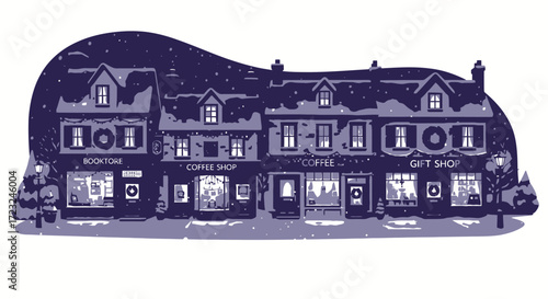 Illustration of a quaint street with a bookstore, coffee shops, and a gift shop at night.
