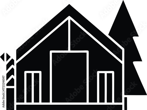minimalist modern cabin exterior line art illustration on transparent