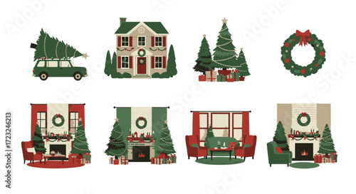 A collection of pixel art illustrations depicting Christmas themes including a house, car with tree, decorated trees, and cozy interior scenes.