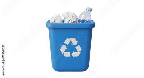 Tempat Sampah Daur Ulang Biru, Penuh Kertas Dan Botol Plastik