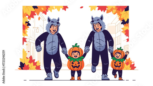 Halloween Parade: A heartwarming Halloween illustration captures a joyful family procession during the season of autumn, with parents dressed in playful costumes. 