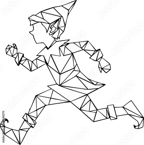 Festive geometric elf running with joyful energy, perfect for holiday designs and whimsical Christmas promotions, originally a scalable vector graphic