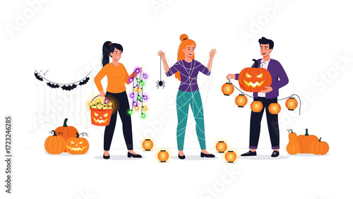 Halloween Gathering: Three individuals are joyfully immersed in setting up decorations, with carved pumpkins and string lights, creating a festive environment filled with the spirit of Halloween.