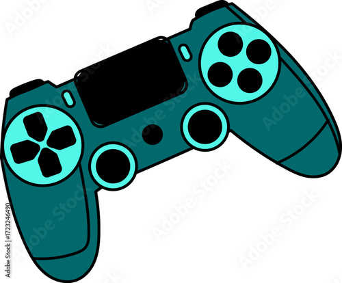 A tealcolored video game controller on a white background