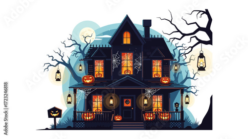 Spooky Halloween Haunted House: A chillingly detailed depiction of a classic haunted house, illuminated by flickering lanterns and illuminated pumpkin jack-o'-lanterns.