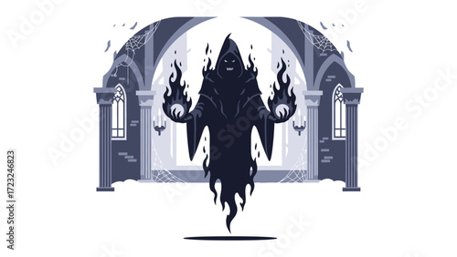 Ethereal Guardian of a Gothic Sanctuary: A spectral figure, enveloped in shadows and dancing flames, emanates an air of otherworldly power, hovering within the majestic confines of a gothic sanctuary.
