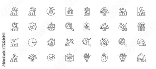 Sales icon set containing sales management, process, performance, report, sales team, marketing, market and market research vector icons