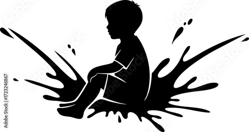 Playful childhood memory: A young boy joyfully splashing in a puddle, creating dynamic water spray in a carefree moment. Vector design elements.