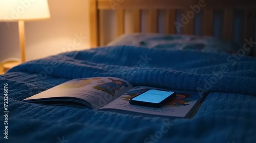 Smartphone placed on an open children's book on a cozy bed at night