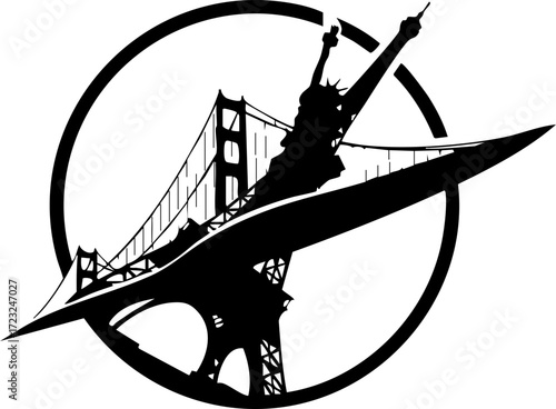 Iconic American travel destination silhouette featuring the Statue of Liberty, Eiffel Tower, and Golden Gate Bridge symbolizing global travel adventures