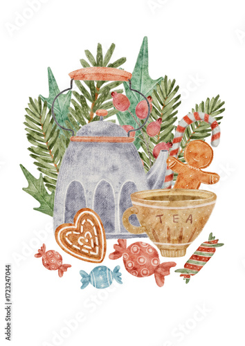 A digital watercolor illustration of a festive tea time collage, featuring a teapot, sweets, and gifts, ideal for holiday and food-related designs.