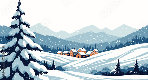 Winter scene depicting snow-covered hills, a small village with houses, a prominent pine tree, and falling snowflakes against a mountain backdrop.