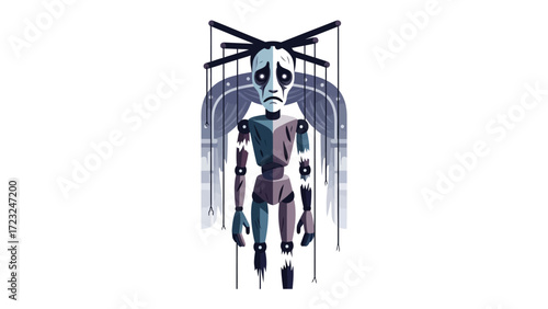 Puppet's Melancholy: A puppet hangs lifelessly, its somber expression and segmented form conveying a sense of sorrow and lack of control.