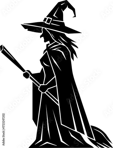 Enchanting witch silhouette ready for Halloween night, perfect for spooky designs and magical themes, originally a scalable vector graphic