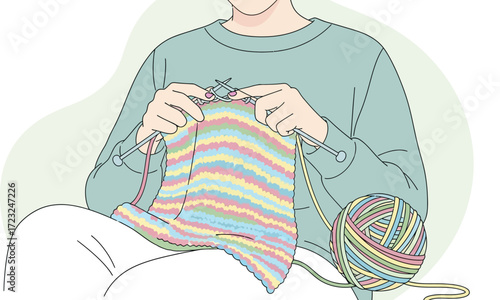 Cozy scene with a woman knitting colorful yarn project, creating soft, vibrant textures and a sense of relaxation, perfect for crafting, hobby, or comfort-themed designs