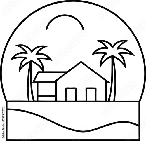minimalist riverfront villa with palm trees illustration on transparent