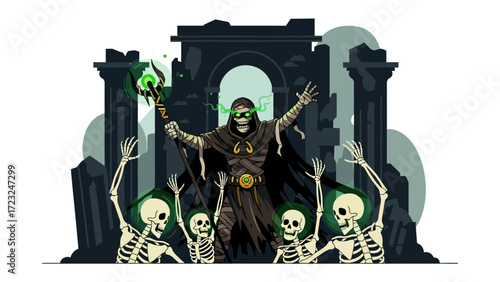 The Necromancer's Reign: A dark sorcerer, radiating mystical energy, conjures an ethereal realm, commanding a legion of animated skeletons amidst ancient ruins.