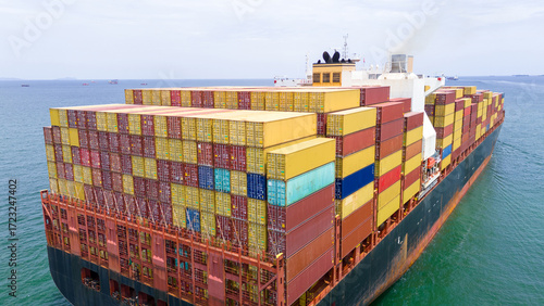 Photography Stern of Cargo container ship carrying container and running in the ocean near international container port customs shipyard sea port concept smart logistic service