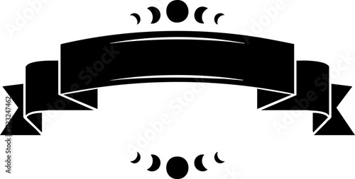 Elegant black ribbon banner with moon phases, perfect for celestial events, mystical designs, or sophisticated announcements, originally a scalable vector graphic