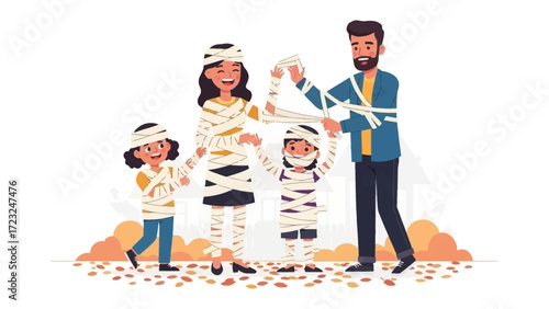 Family Mummy Fun: A happy family, wrapped in mummy bandages, joyfully celebrates Halloween, showcasing unity, playful preparation, and the joy of the holiday.