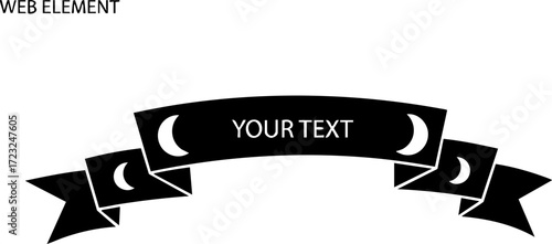 Elegant black ribbon banner design element for modern websites or promotional materials, with customizable text area for your message and eye-catching crescent details