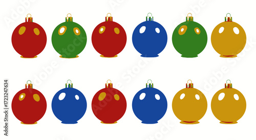 Twelve colorful Christmas ornaments arranged in two rows against a white background, featuring red, green, blue, and gold baubles.