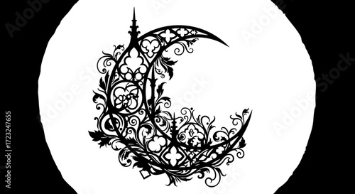 Elegant crescent moon floral design, perfect for mystical branding, gothic themes, or sophisticated celestial projects, originally a scalable vector graphic