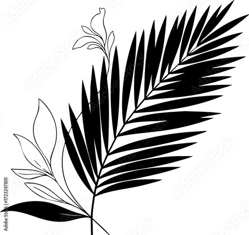 Elegant tropical palm frond with delicate floral accents creates a sophisticated botanical design for modern, natural aesthetics and branding.
