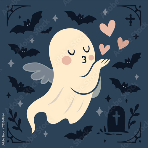 Cute ghost blowing kisses, surrounded by bats and gothic elements. Vector Halloween poster