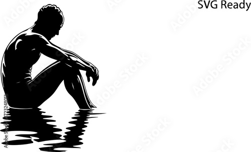 Contemplative man sitting by water, deep in thought, conveying introspection and emotional depth for powerful storytelling.