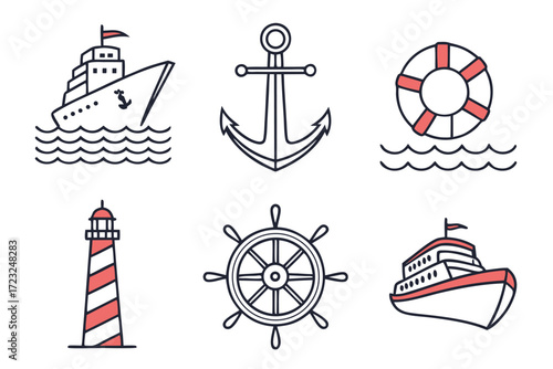 A nautical vector icon set featuring a collection of sea and sailing symbols like an anchor, ship's wheel, lighthouse, and compass