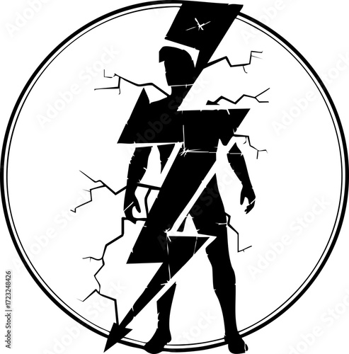 Dynamic silhouette of a powerful figure emerging from a lightning bolt, symbolizing energy, innovation, and strength for modern brands.