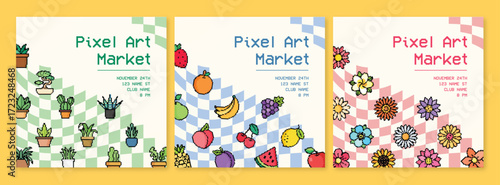 Pixel art square banner set plants fruits flowers