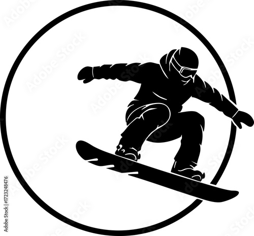 Dynamic snowboarder mid-air jump captured in a bold circular emblem, embodying extreme sports and winter adventure with thrilling energy.