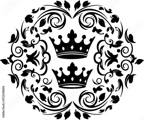 Elegant royal crowns nestled within ornate black filigree showcasing a symbol of power, heritage, and distinguished luxury for premium branding.