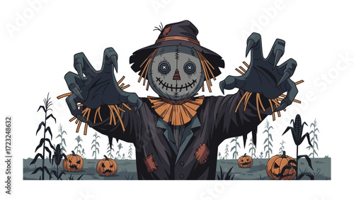 Spooky Scarecrow Scene: A chillingly detailed illustration captures a menacing scarecrow, exuding an eerie presence with its sinister grin and outstretched arms, amid a pumpkin patch. 