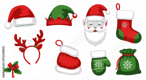 Collection of Christmas themed accessories, including hats, reindeer antlers, elf hats, and Christmas stockings.