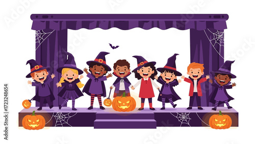 Spooky Stage: Halloween is coming, and group of kids are getting ready for party at a stage. Halloween magic, excitement and happiness.