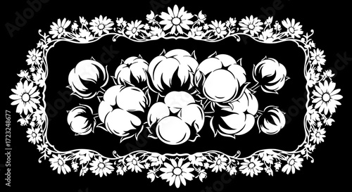 Elegant floral border frames bountiful cotton bolls, evoking natural fiber charm and agricultural bounty for decorative use.