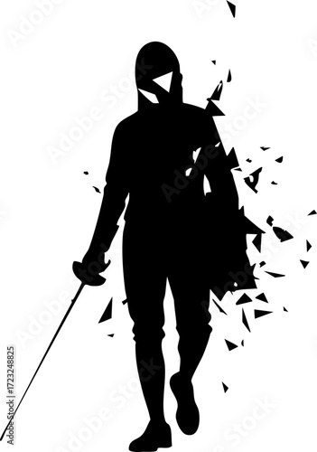 Dynamic fencer in silhouette shattering into fragments, embodying power, agility, and the thrill of competition, perfect for sports or action themes.