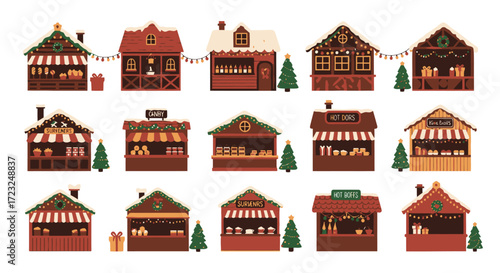 Christmas market stalls, festive wooden booths, winter fair.