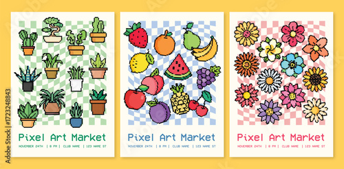Pixel art poster set plants fruits flowers