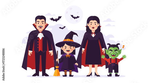 Halloween Family in Costume: A joyful family of four, dressed in festive Halloween costumes, gathers under the soft glow of a full moon. The scene radiates warmth and whimsical fun. 