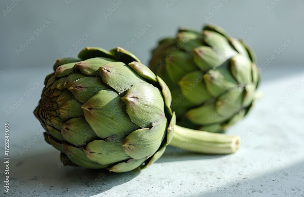 Fototapeta premium Two fresh artichokes on a light gray table, close-up. Raw vegetables with copy space. Healthy eating ingredients, dieting, vegetarian meal. Green color, natural organic food from local market.