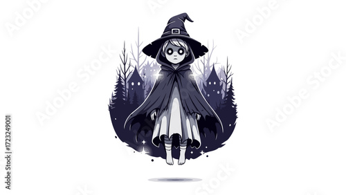 Mysterious Halloween Witch: An illustration of a spooky little witch in a cloak, hat, surrounded by a eerie background. A hauntingly charming depiction of Halloween.