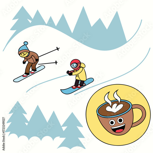 Vibrant winter mountain resort scene featuring skiers and snowboarders enjoying snowy slopes and clear blue skies perfect for seasonal promotions and outdoor activity themes