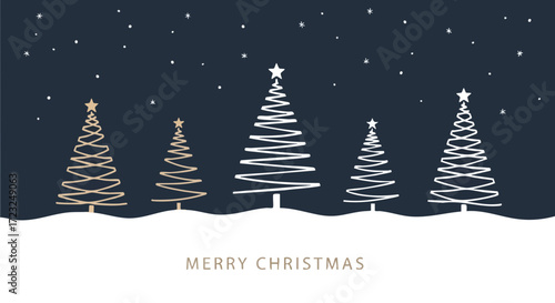 Elegant minimalist Christmas trees under starry night sky with subtle snow falling, perfect for festive greetings and holiday promotions