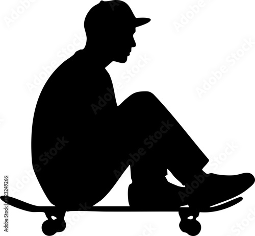 Dynamic silhouette captures a young skater resting on their board, embodying urban youth culture and active lifestyle vibes.