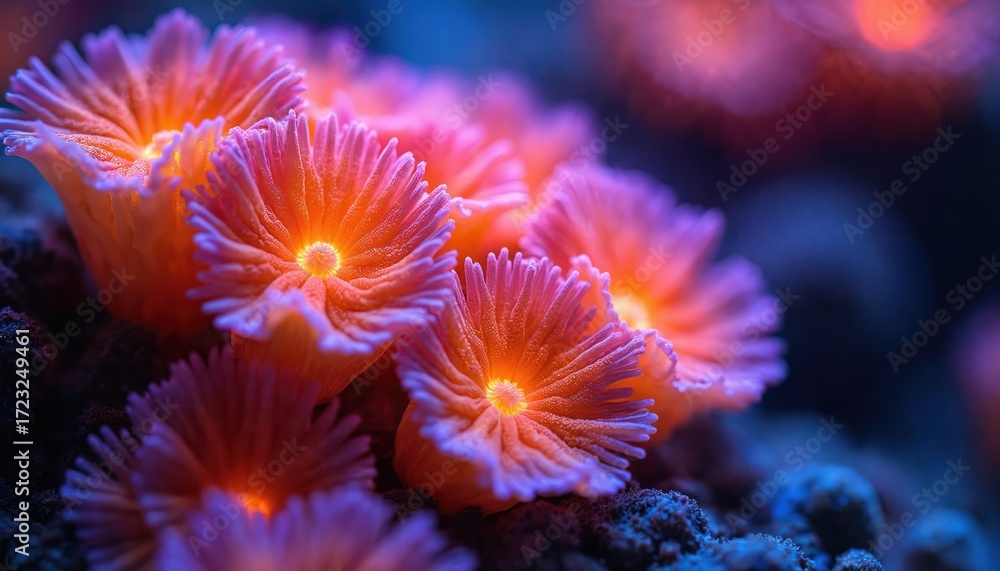 Fototapeta premium Vibrant coral blooms underwater. Nature beauty revealed in close-up. Glowing orange, purple flowers in ocean depths create vivid scene. Captivating marine life, aquatic ecosystem. Ideal for