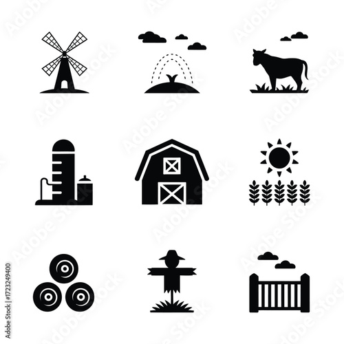 Minimalist Farm Vector Icons  Barn, Cow, Farmer, Field, Sun, Windmill  High-Quality Black Silhouette Pack for Crafts, Logos, Stickers & Adobe Stock
